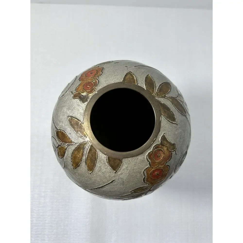 Vintage Brass Cloisonne Flower‎ Decor Vase~Floral~Earthtones~India~10.25